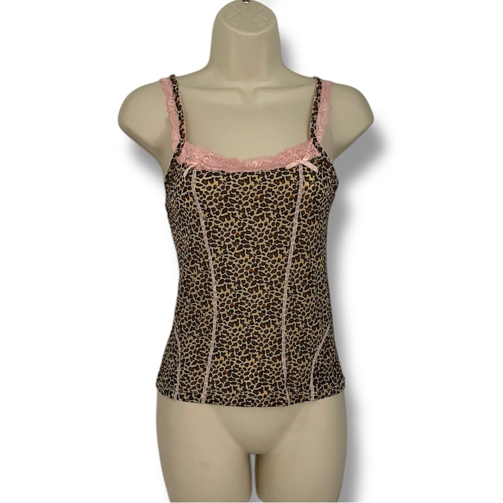 Leopard Print Lace Trim Cami Tank Pink & Brown Small